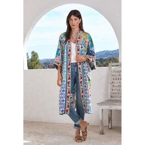 Johnny Was Cozumel Eliza Kimono Reversible Red Flowers Silk Blue Floral Coat NEW